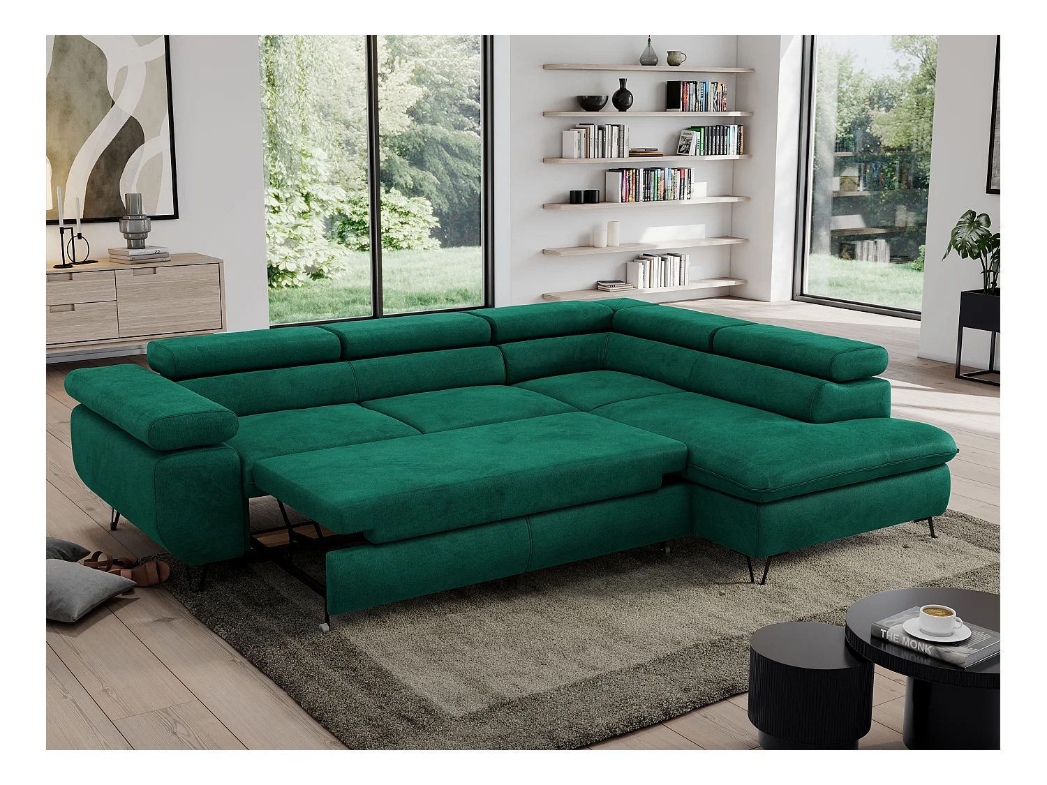 Ecksofa PEDRO - L-Form mit Schlaffunktion 200x125 cm, verstellbaren Kopfstützen - Dunkelgrün Velvet - Ecke Rechts