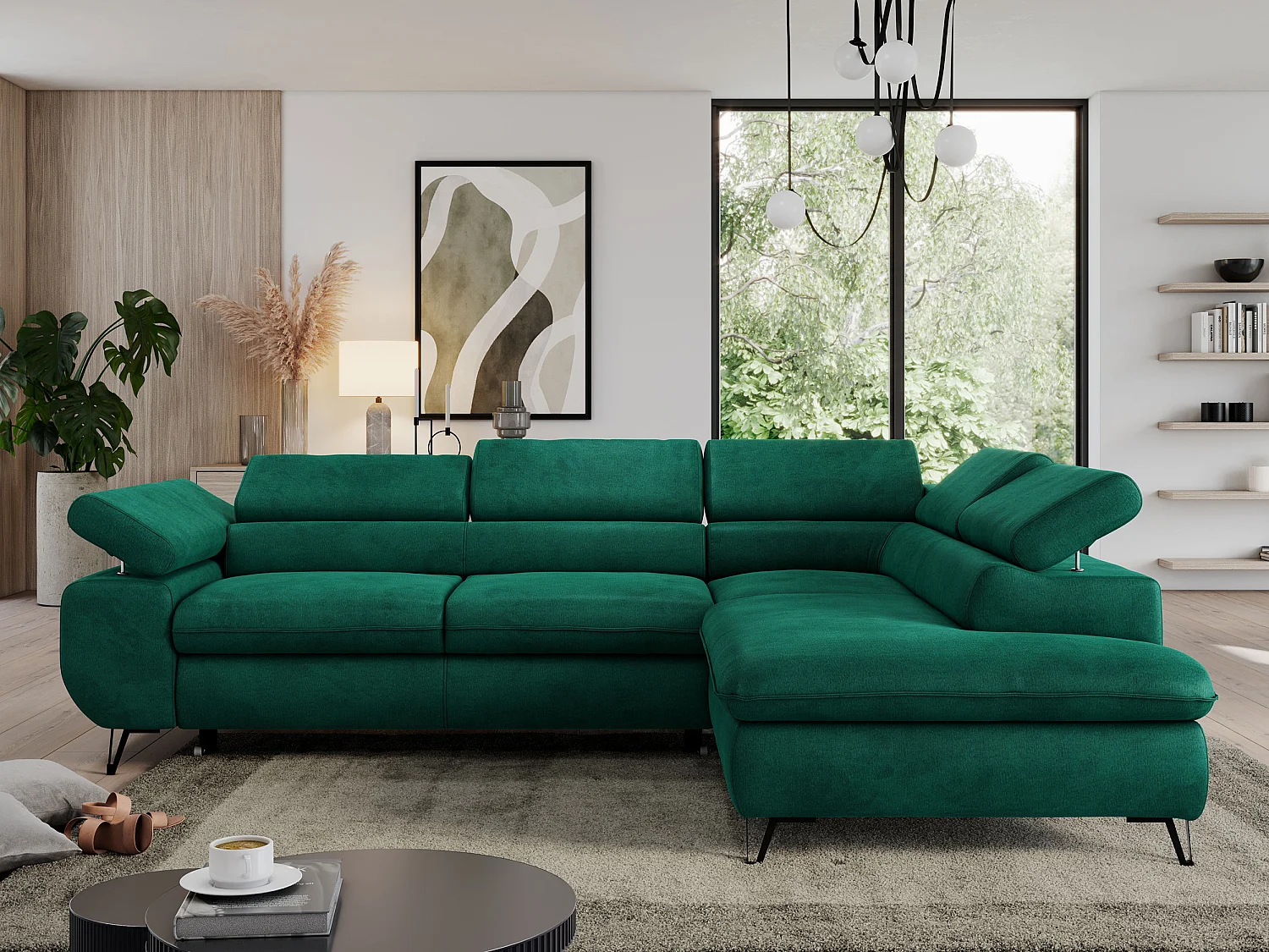 Ecksofa PEDRO - L-Form mit Schlaffunktion 200x125 cm, verstellbaren Kopfstützen - Dunkelgrün Velvet - Ecke Rechts