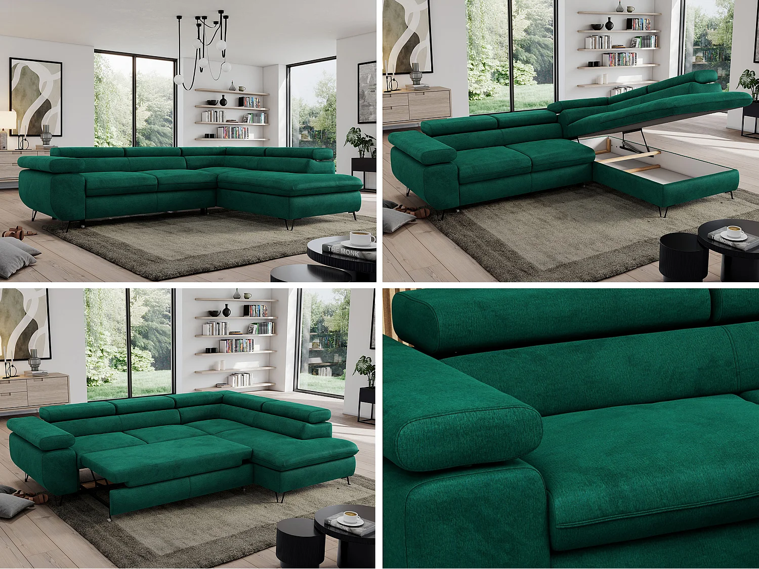 Ecksofa PEDRO - L-Form mit Schlaffunktion 200x125 cm, verstellbaren Kopfstützen - Dunkelgrün Velvet - Ecke Rechts