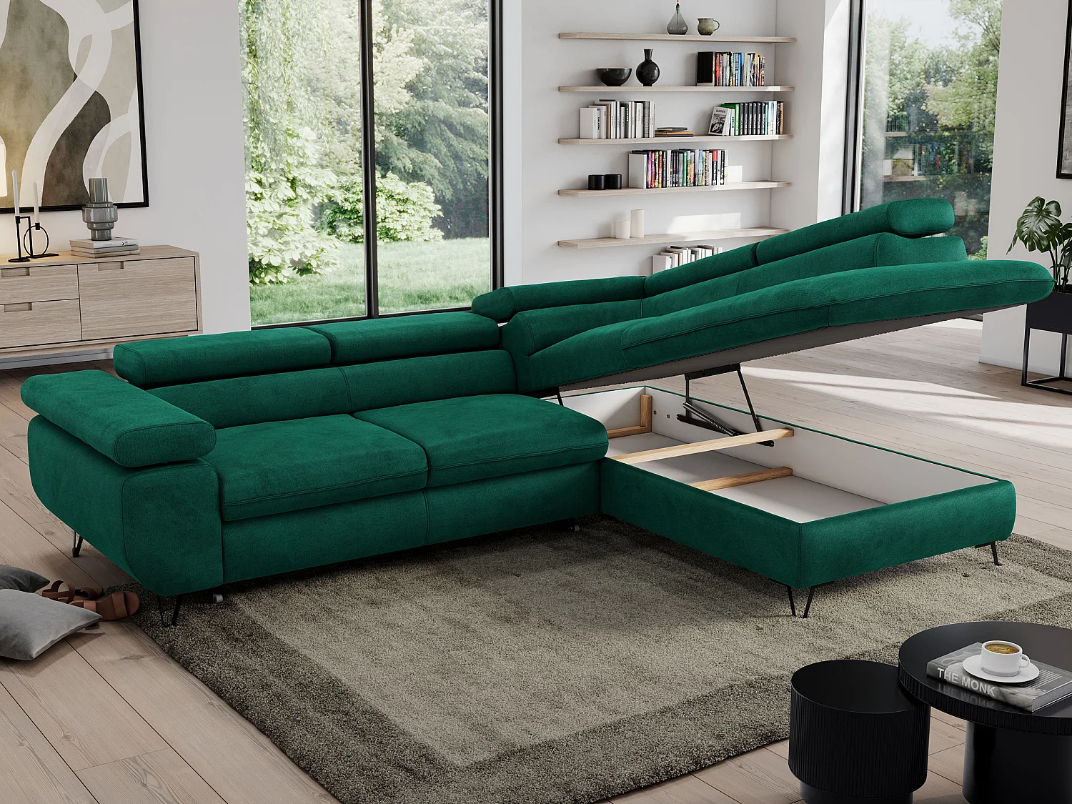 Ecksofa PEDRO - L-Form mit Schlaffunktion 200x125 cm, verstellbaren Kopfstützen - Dunkelgrün Velvet - Ecke Rechts
