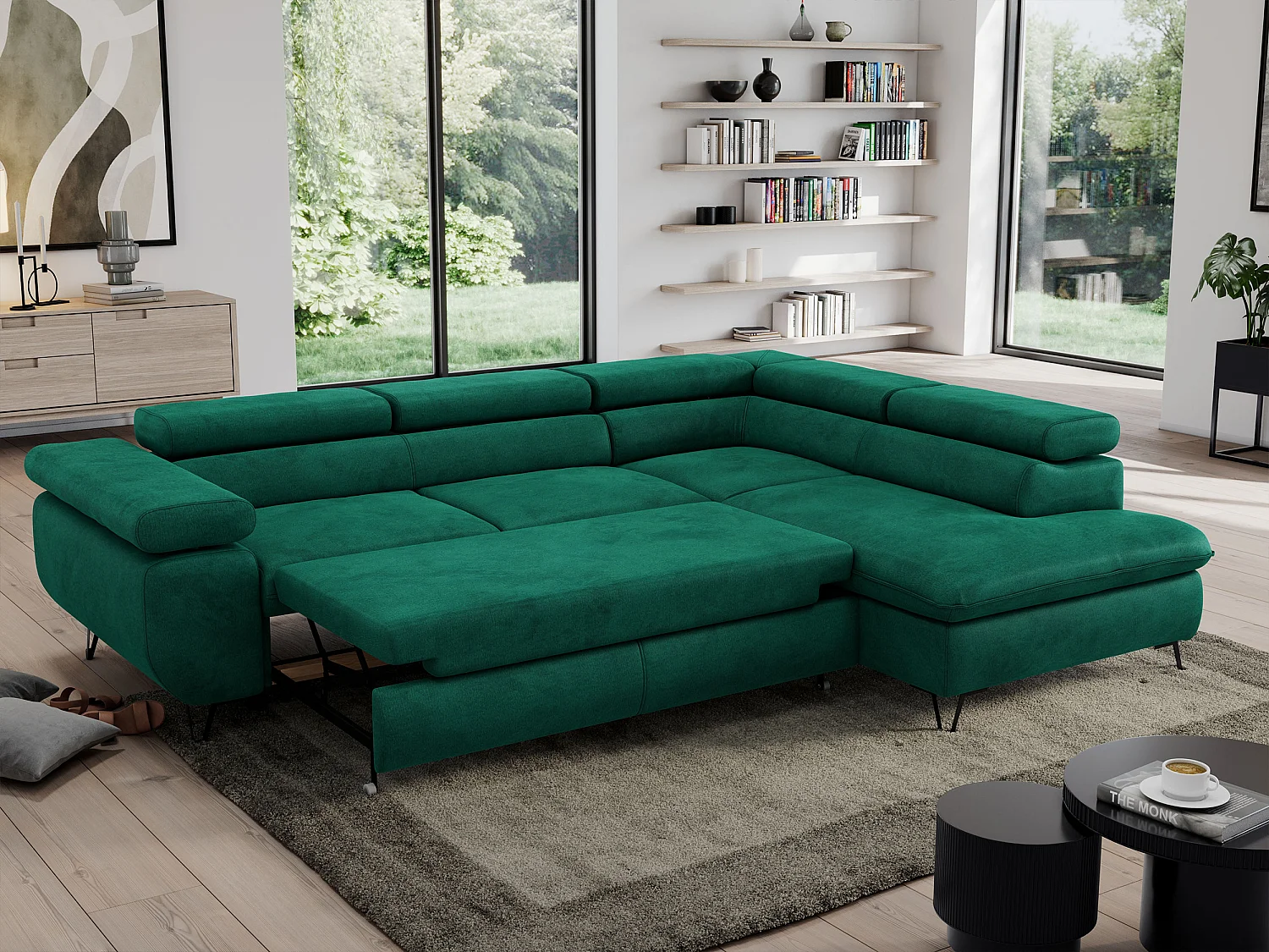 Ecksofa PEDRO - L-Form mit Schlaffunktion 200x125 cm, verstellbaren Kopfstützen - Dunkelgrün Velvet - Ecke Rechts