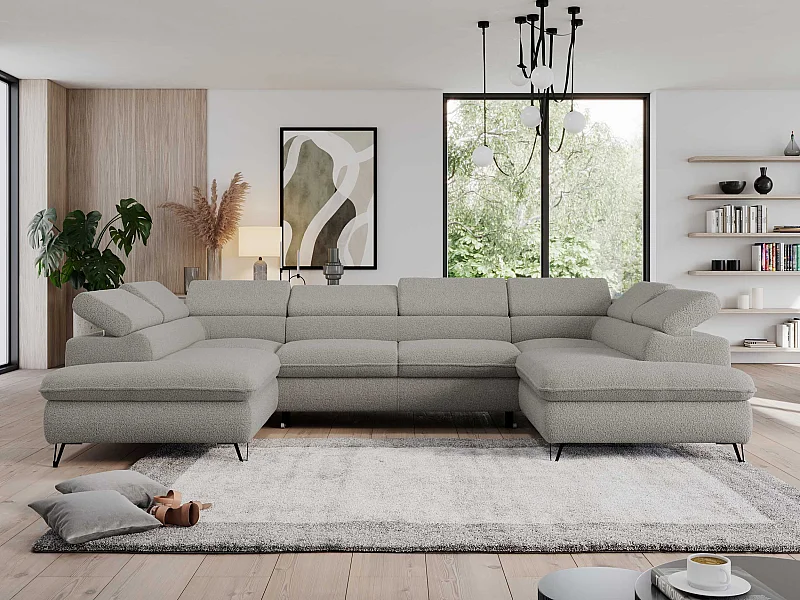 Ecksofa PEDRO U - XXL U-förmige Ecke, schlaffunktion und Bettkästen - Hellgrau Boucle