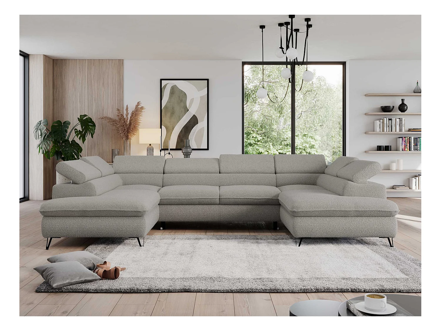 Ecksofa PEDRO U - XXL U-förmige Ecke, schlaffunktion und Bettkästen - Hellgrau Boucle