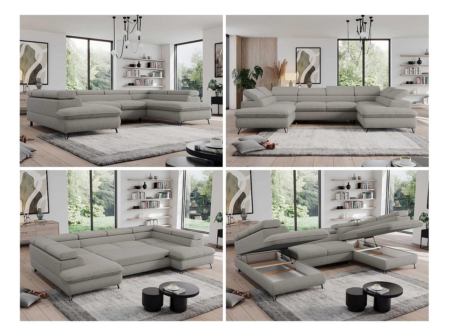 Ecksofa PEDRO U - XXL U-förmige Ecke, schlaffunktion und Bettkästen - Hellgrau Boucle