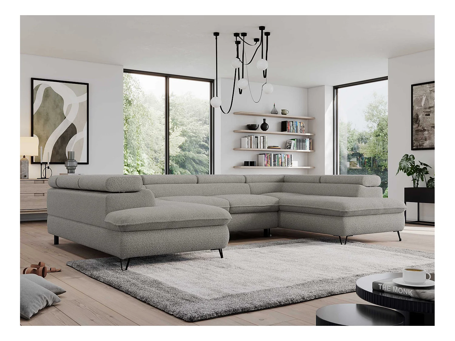 Ecksofa PEDRO U - XXL U-förmige Ecke, schlaffunktion und Bettkästen - Hellgrau Boucle