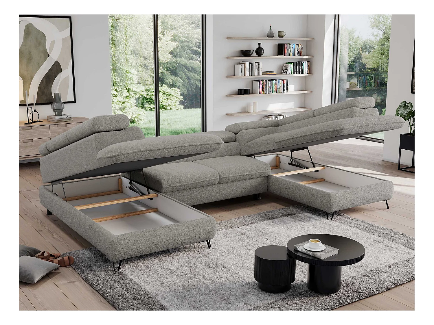 Ecksofa PEDRO U - XXL U-förmige Ecke, schlaffunktion und Bettkästen - Hellgrau Boucle