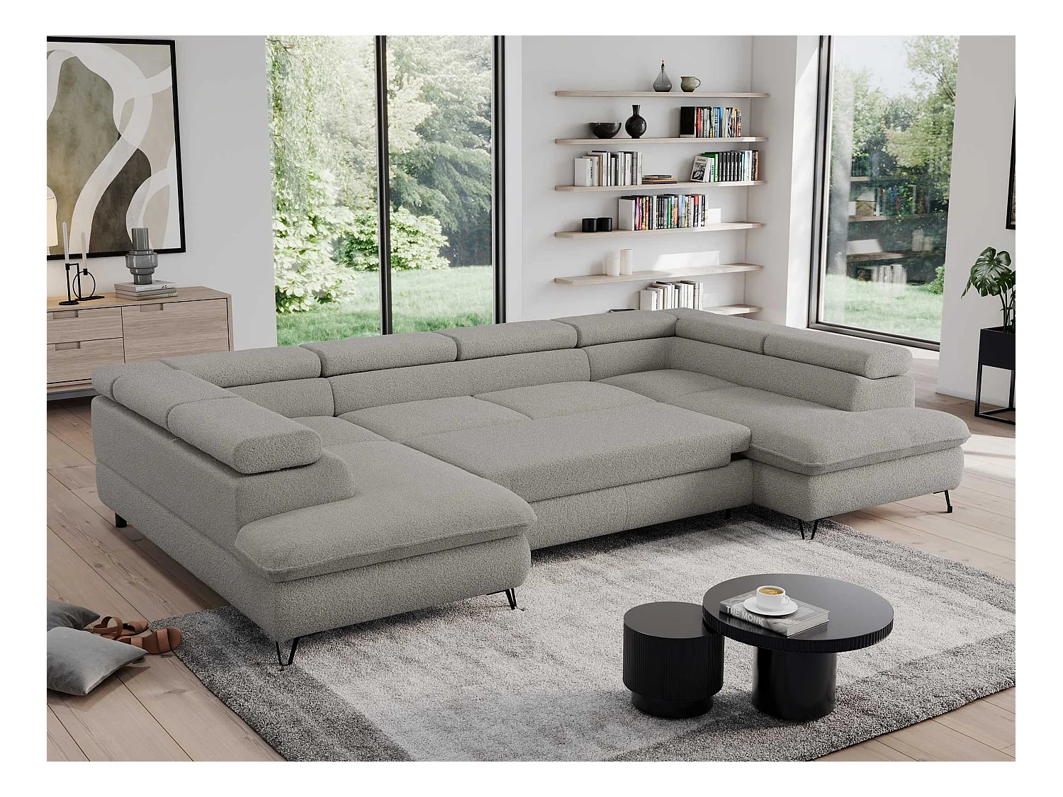 Ecksofa PEDRO U - XXL U-förmige Ecke, schlaffunktion und Bettkästen - Hellgrau Boucle