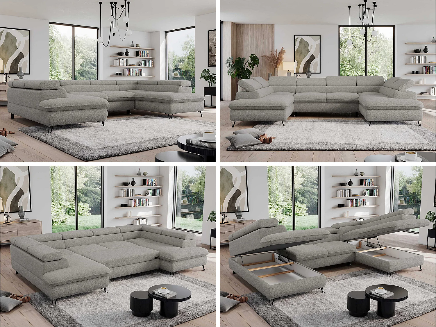 Ecksofa PEDRO U - XXL U-förmige Ecke, schlaffunktion und Bettkästen - Hellgrau Boucle