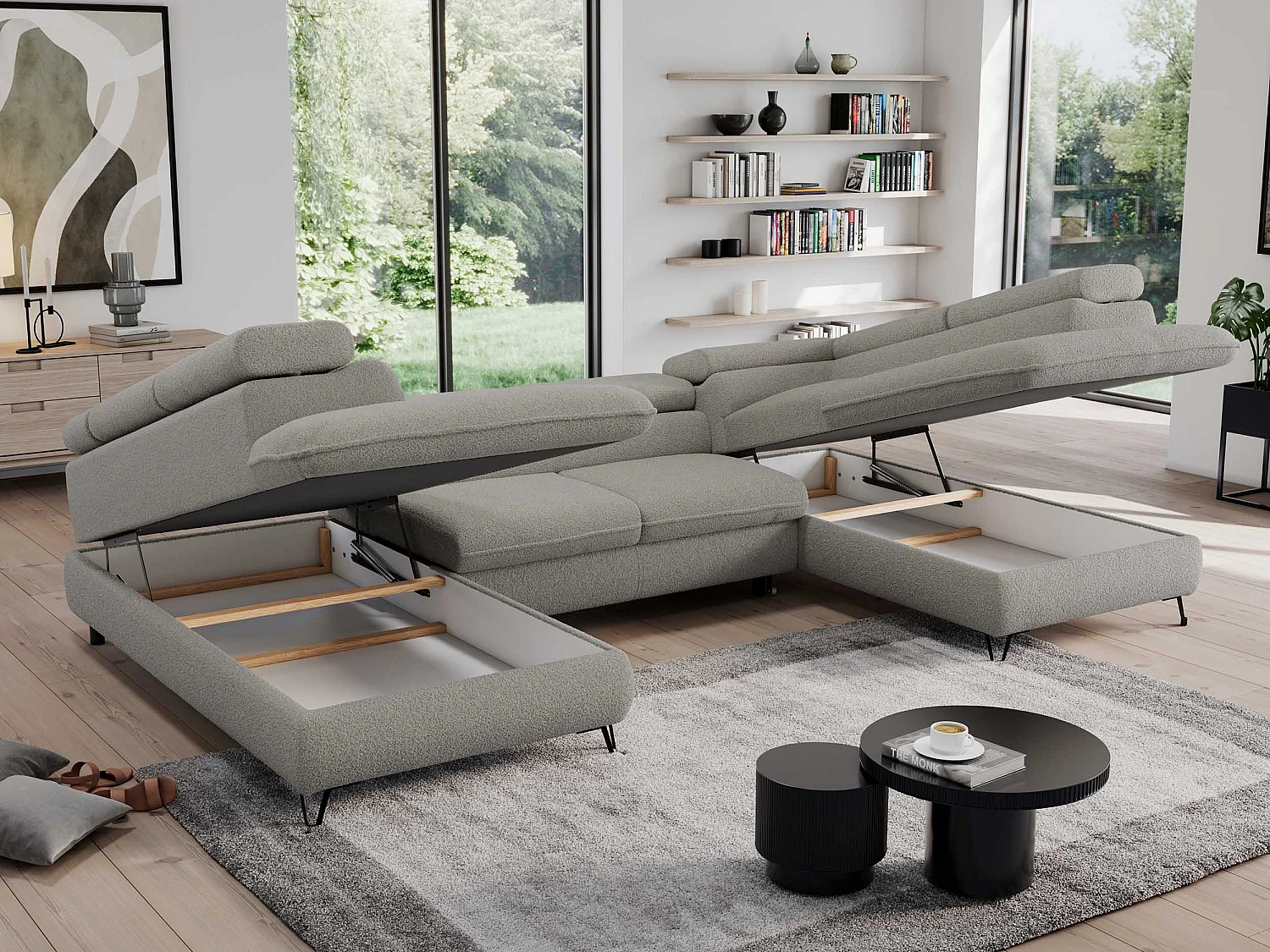 Ecksofa PEDRO U - XXL U-förmige Ecke, schlaffunktion und Bettkästen - Hellgrau Boucle