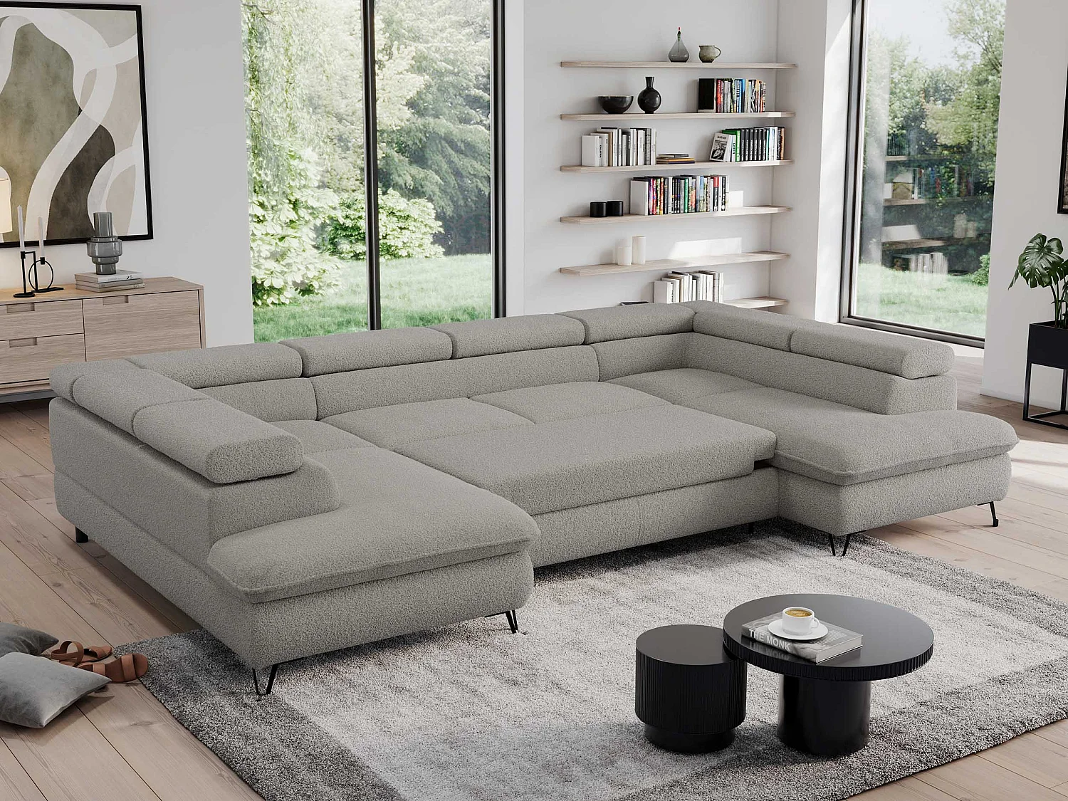 Ecksofa PEDRO U - XXL U-förmige Ecke, schlaffunktion und Bettkästen - Hellgrau Boucle