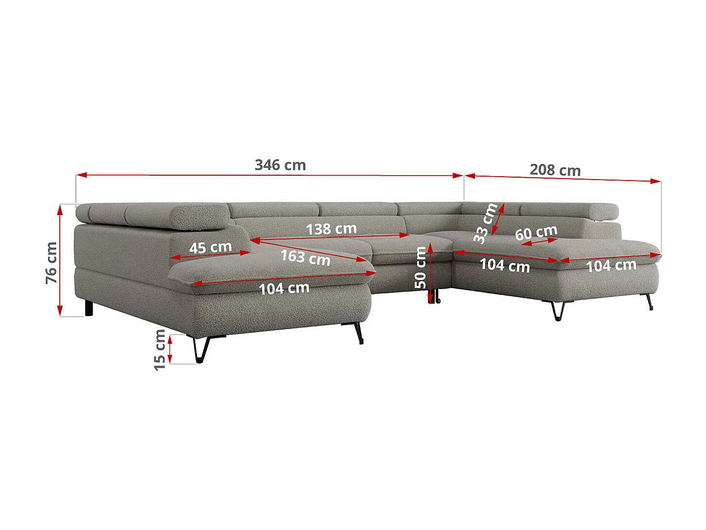 Ecksofa PEDRO U - XXL U-förmige Ecke, schlaffunktion und Bettkästen - Hellgrau Boucle