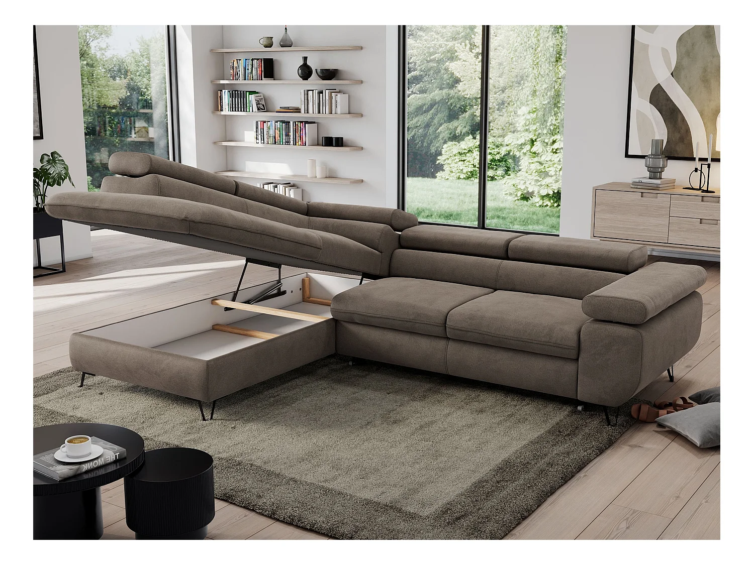 Ecksofa PEDRO - L-Form mit Schlaffunktion 200x125 cm, verstellbaren Kopfstützen - Braun Velvet - Ecke Links
