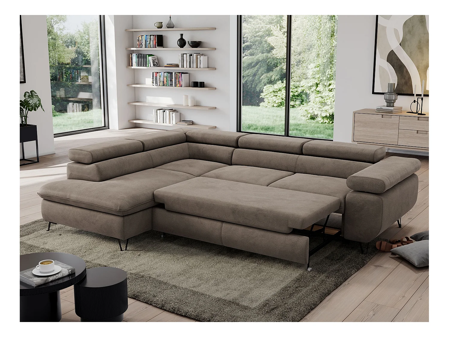 Ecksofa PEDRO - L-Form mit Schlaffunktion 200x125 cm, verstellbaren Kopfstützen - Braun Velvet - Ecke Links