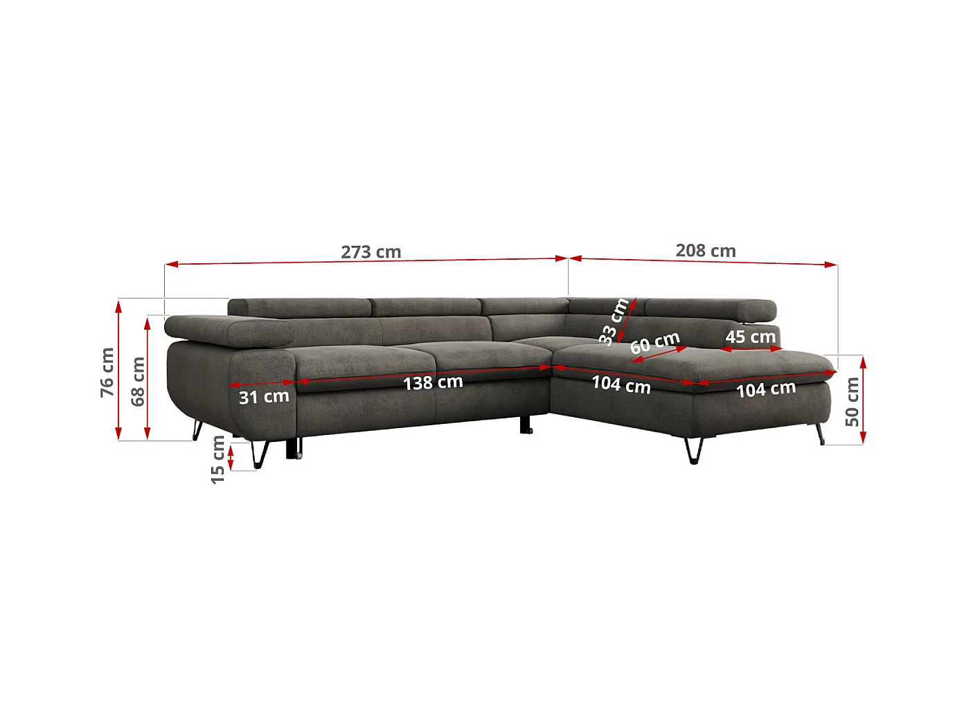 Ecksofa PEDRO - L-Form mit Schlaffunktion 200x125 cm, verstellbaren Kopfstützen - Braun Velvet - Ecke Links