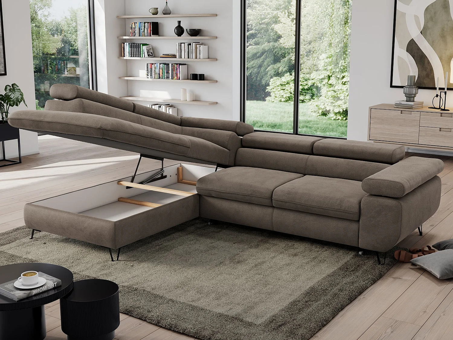 Ecksofa PEDRO - L-Form mit Schlaffunktion 200x125 cm, verstellbaren Kopfstützen - Braun Velvet - Ecke Links