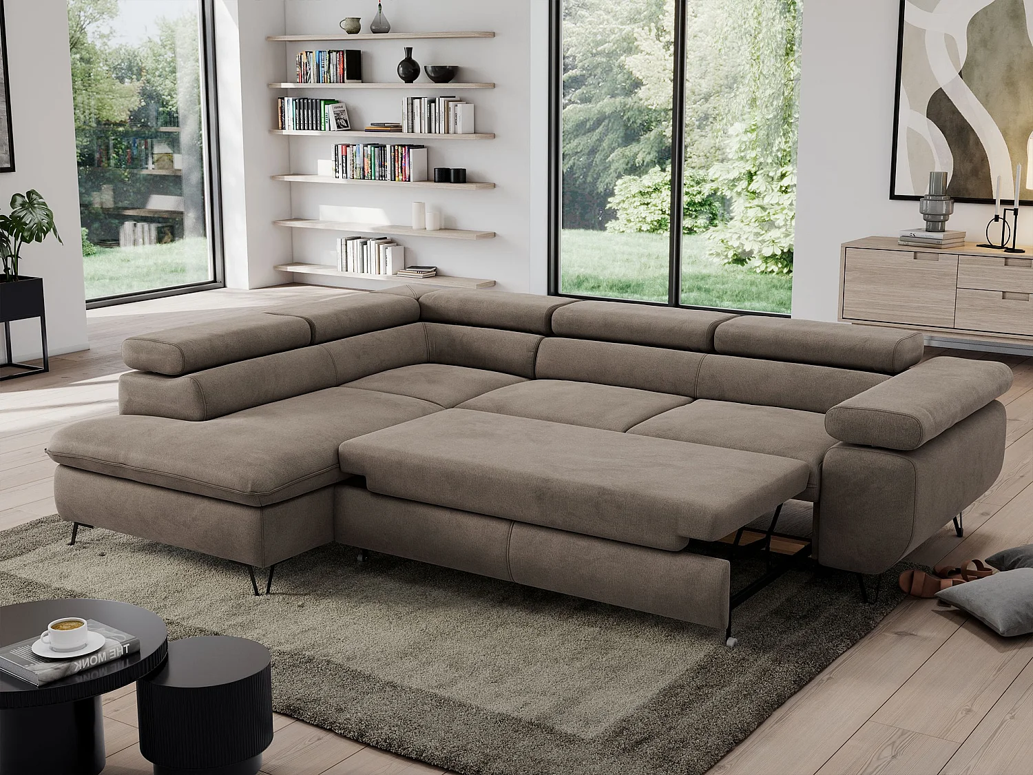 Ecksofa PEDRO - L-Form mit Schlaffunktion 200x125 cm, verstellbaren Kopfstützen - Braun Velvet - Ecke Links