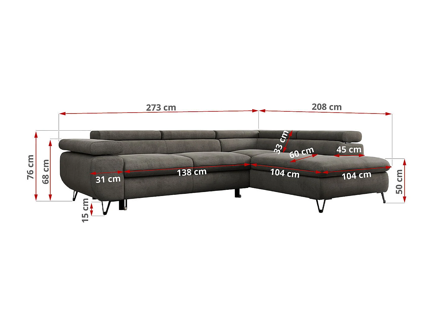 Ecksofa PEDRO - L-Form mit Schlaffunktion 200x125 cm, verstellbaren Kopfstützen - Braun Velvet - Ecke Links