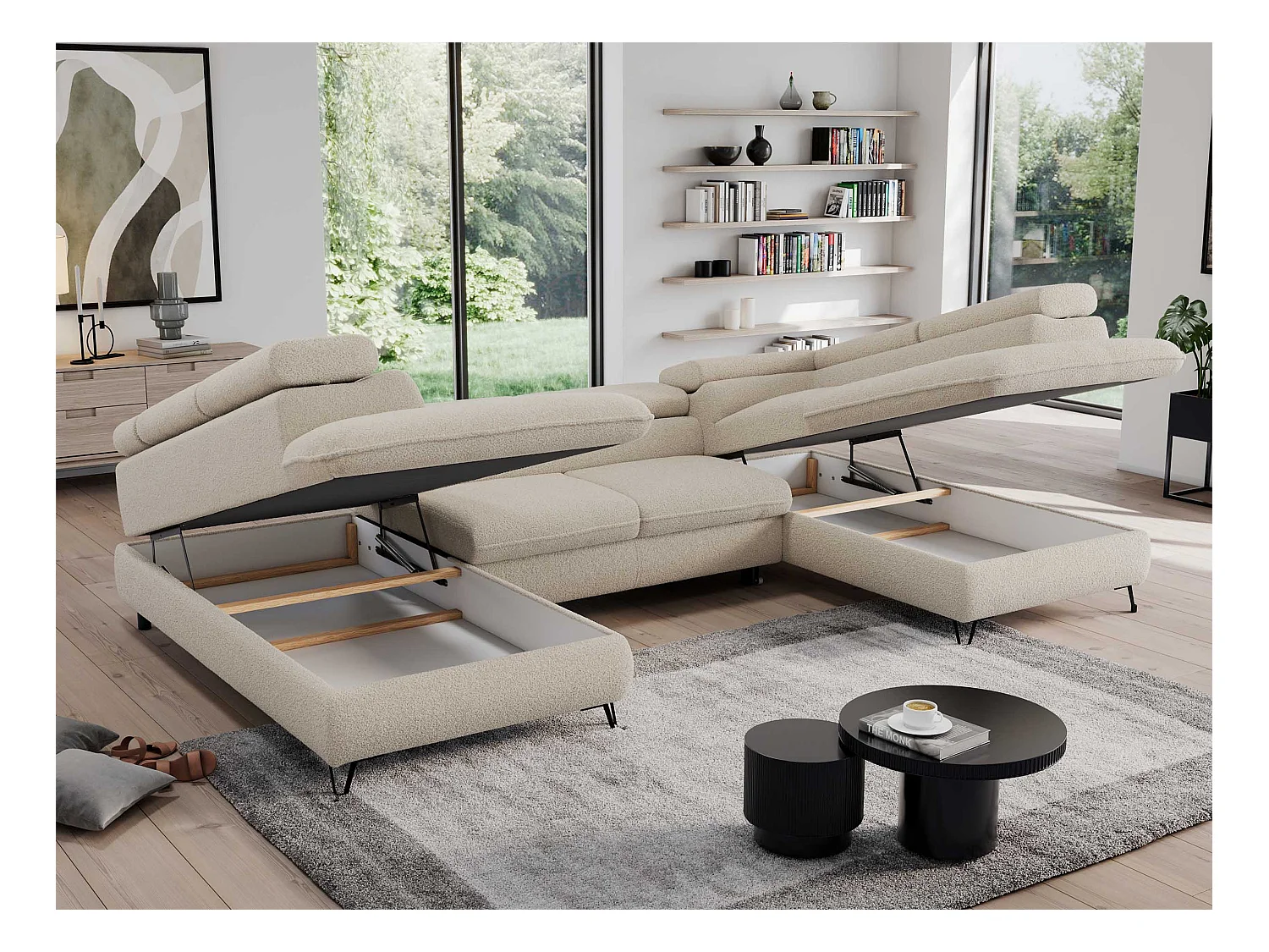 Ecksofa PEDRO U - XXL U-förmige Ecke, schlaffunktion und Bettkästen - Beige Boucle