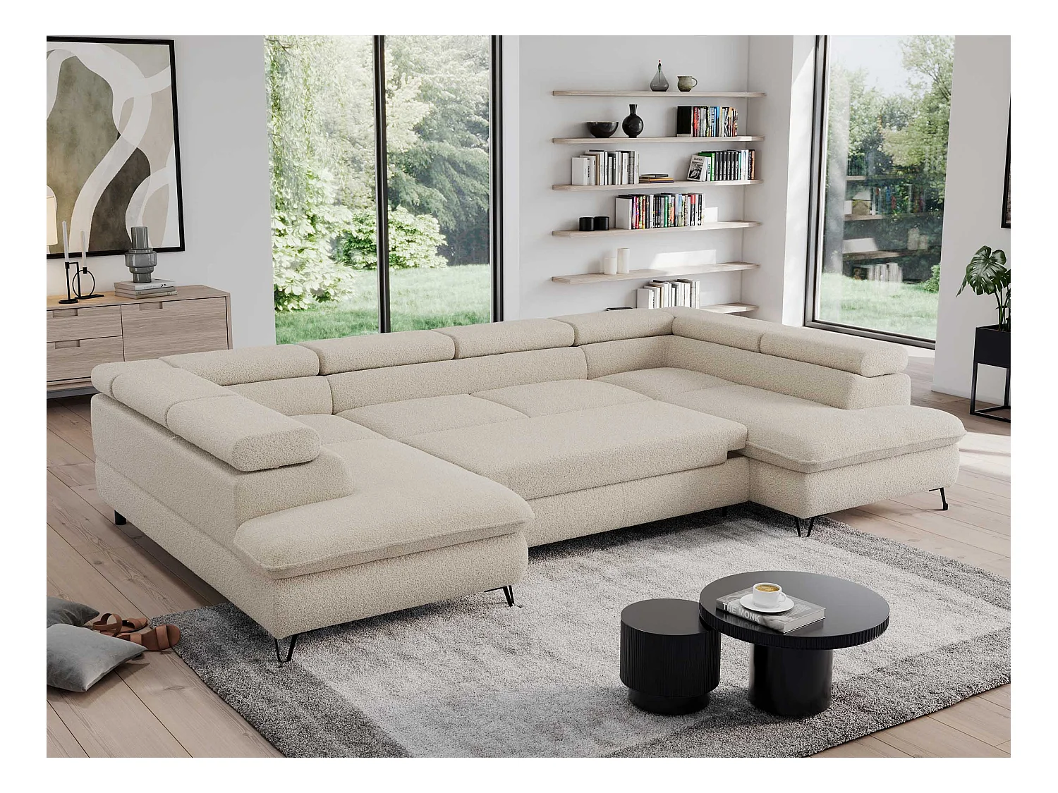 Ecksofa PEDRO U - XXL U-förmige Ecke, schlaffunktion und Bettkästen - Beige Boucle