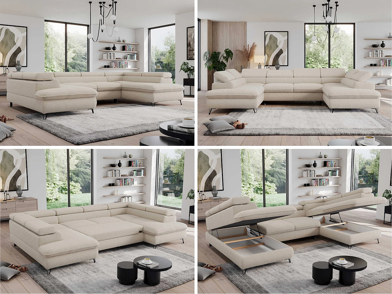 Ecksofa PEDRO U - XXL U-förmige Ecke, schlaffunktion und Bettkästen - Beige Boucle