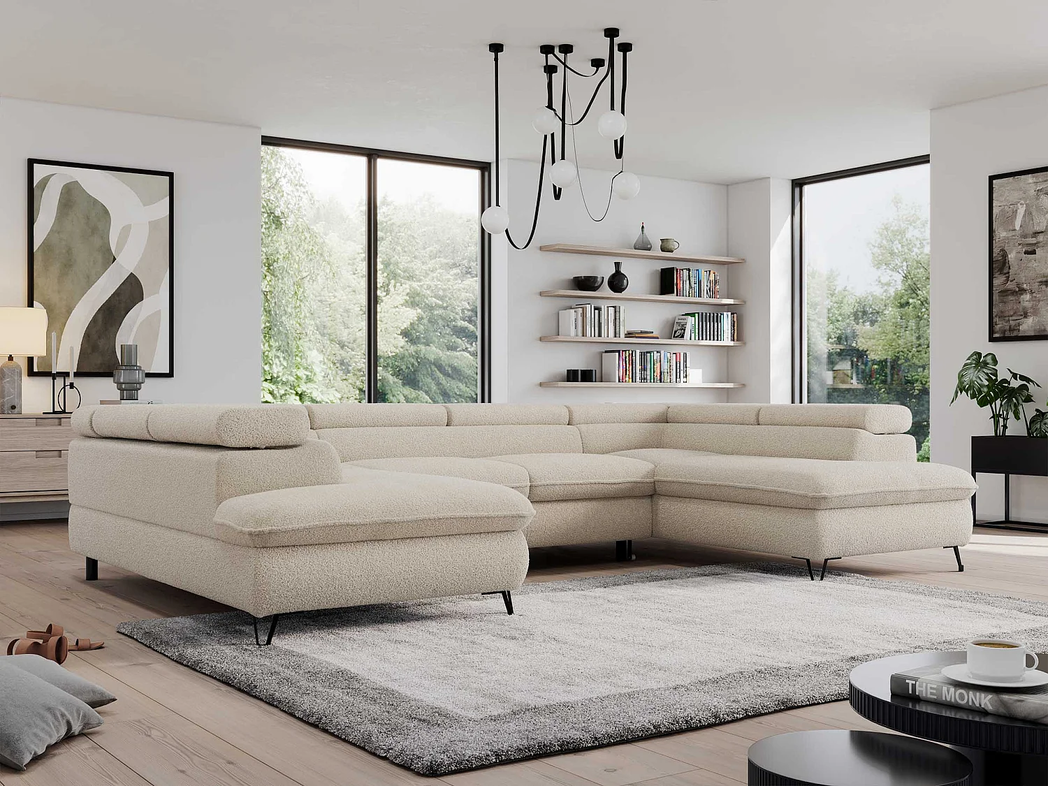 Ecksofa PEDRO U - XXL U-förmige Ecke, schlaffunktion und Bettkästen - Beige Boucle