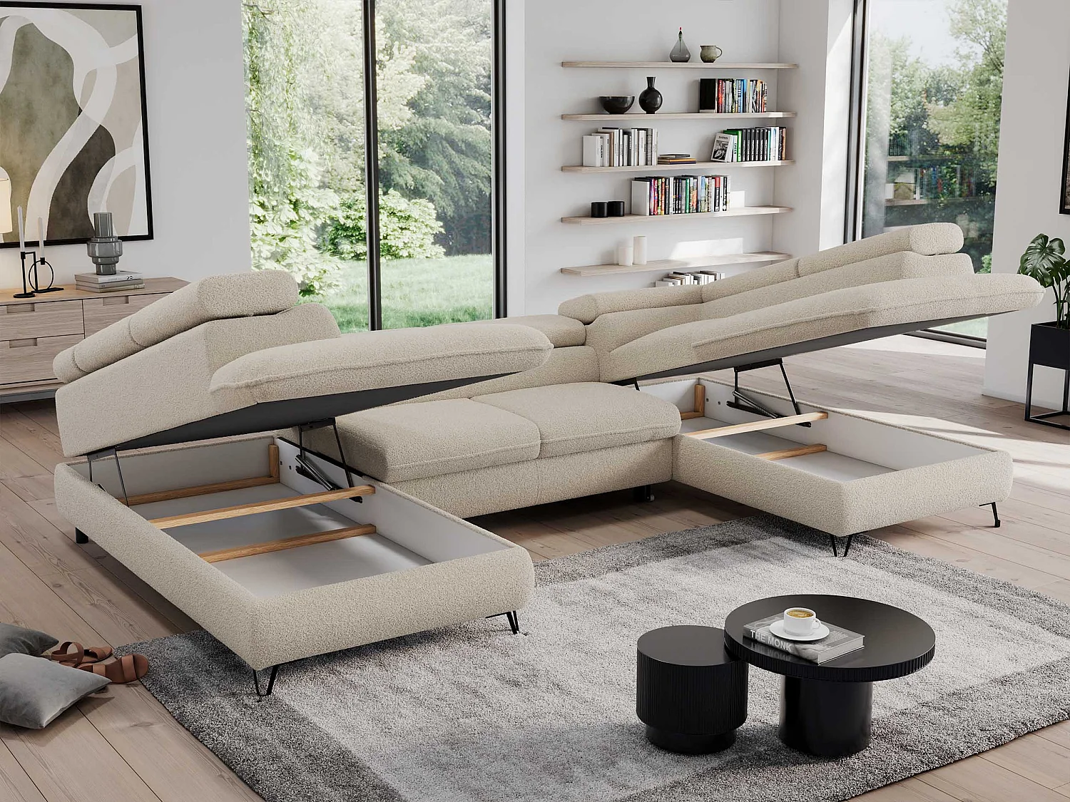 Ecksofa PEDRO U - XXL U-förmige Ecke, schlaffunktion und Bettkästen - Beige Boucle