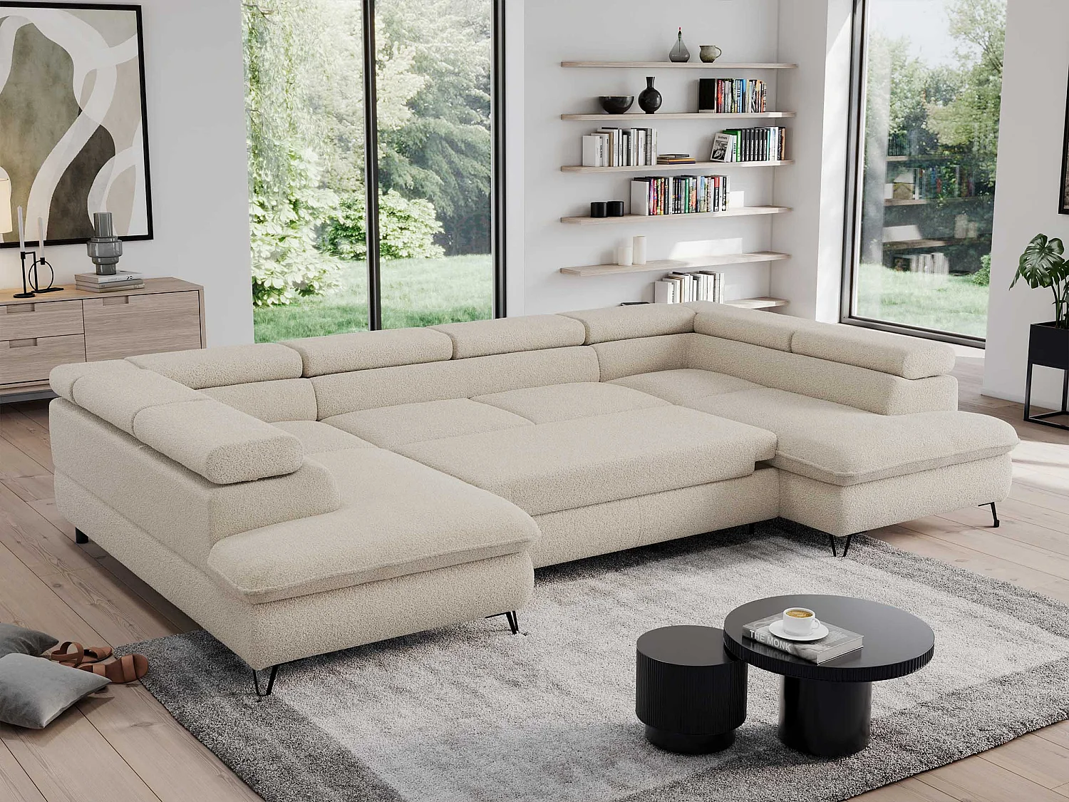 Ecksofa PEDRO U - XXL U-förmige Ecke, schlaffunktion und Bettkästen - Beige Boucle