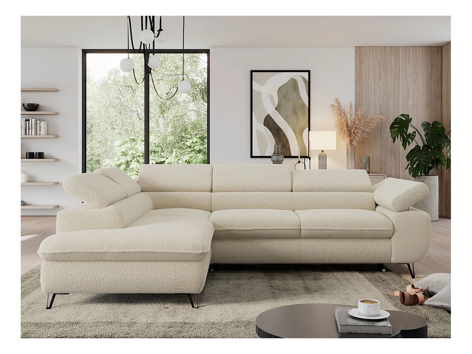 Ecksofa PEDRO - L-Form mit Schlaffunktion 200x125 cm, verstellbaren Kopfstützen - Beige Boucle - Ecke Links