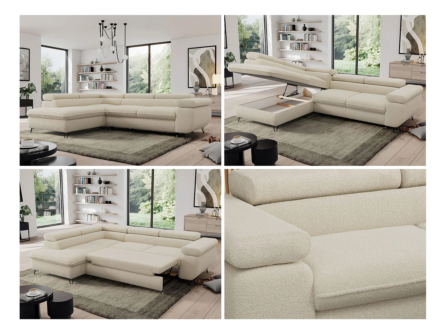 Ecksofa PEDRO - L-Form mit Schlaffunktion 200x125 cm, verstellbaren Kopfstützen - Beige Boucle - Ecke Links
