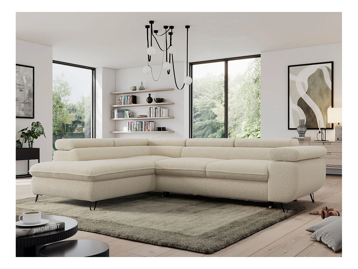 Ecksofa PEDRO - L-Form mit Schlaffunktion 200x125 cm, verstellbaren Kopfstützen - Beige Boucle - Ecke Links