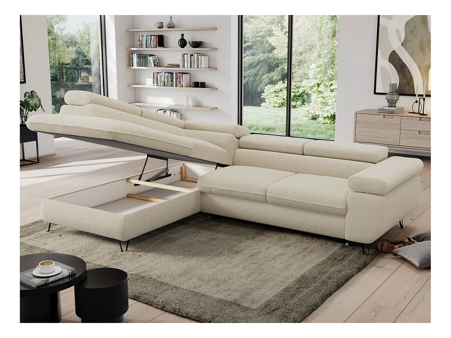 Ecksofa PEDRO - L-Form mit Schlaffunktion 200x125 cm, verstellbaren Kopfstützen - Beige Boucle - Ecke Links