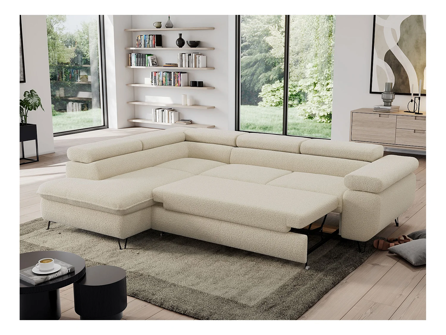 Ecksofa PEDRO - L-Form mit Schlaffunktion 200x125 cm, verstellbaren Kopfstützen - Beige Boucle - Ecke Links