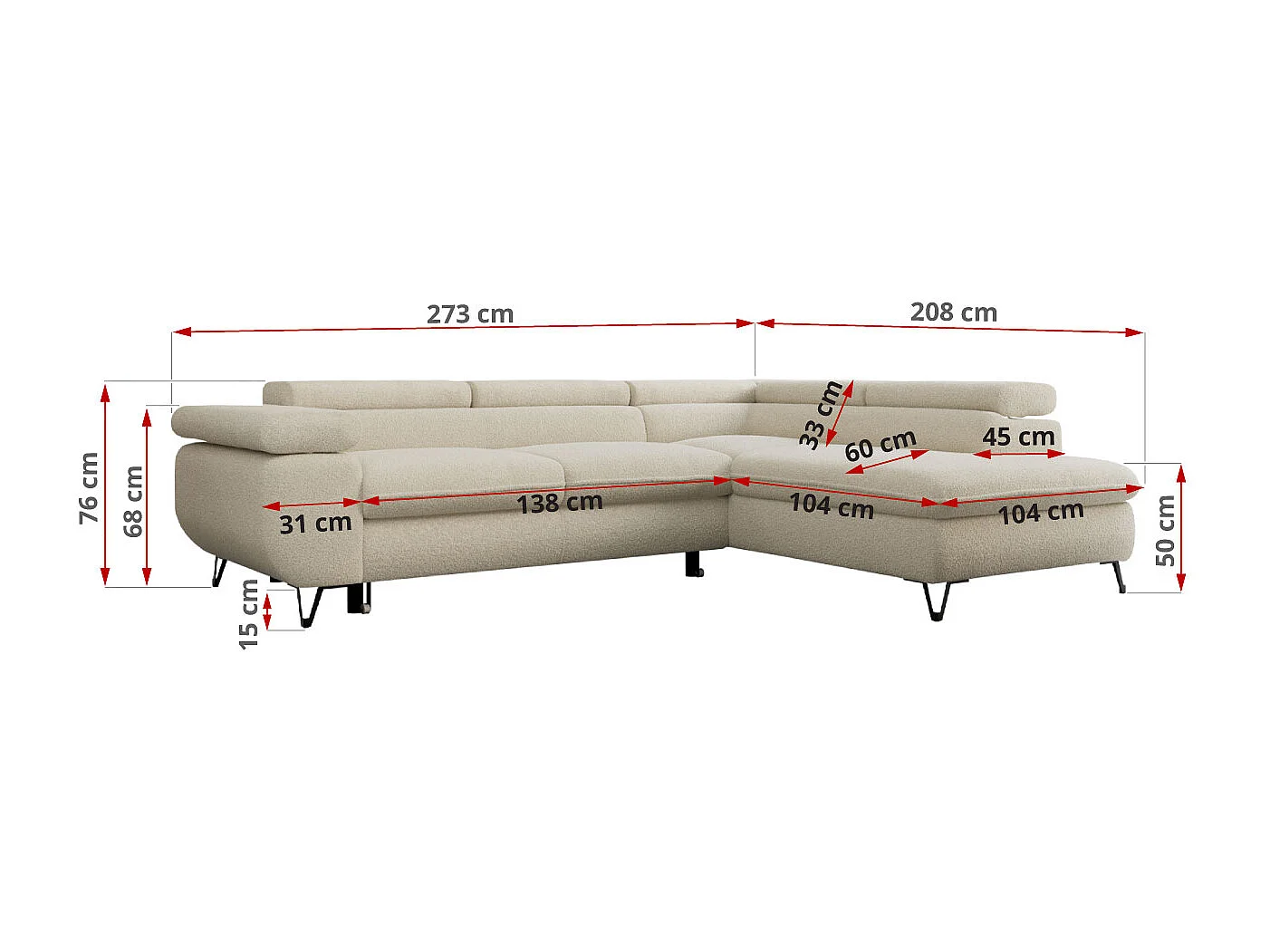 Ecksofa PEDRO - L-Form mit Schlaffunktion 200x125 cm, verstellbaren Kopfstützen - Beige Boucle - Ecke Links