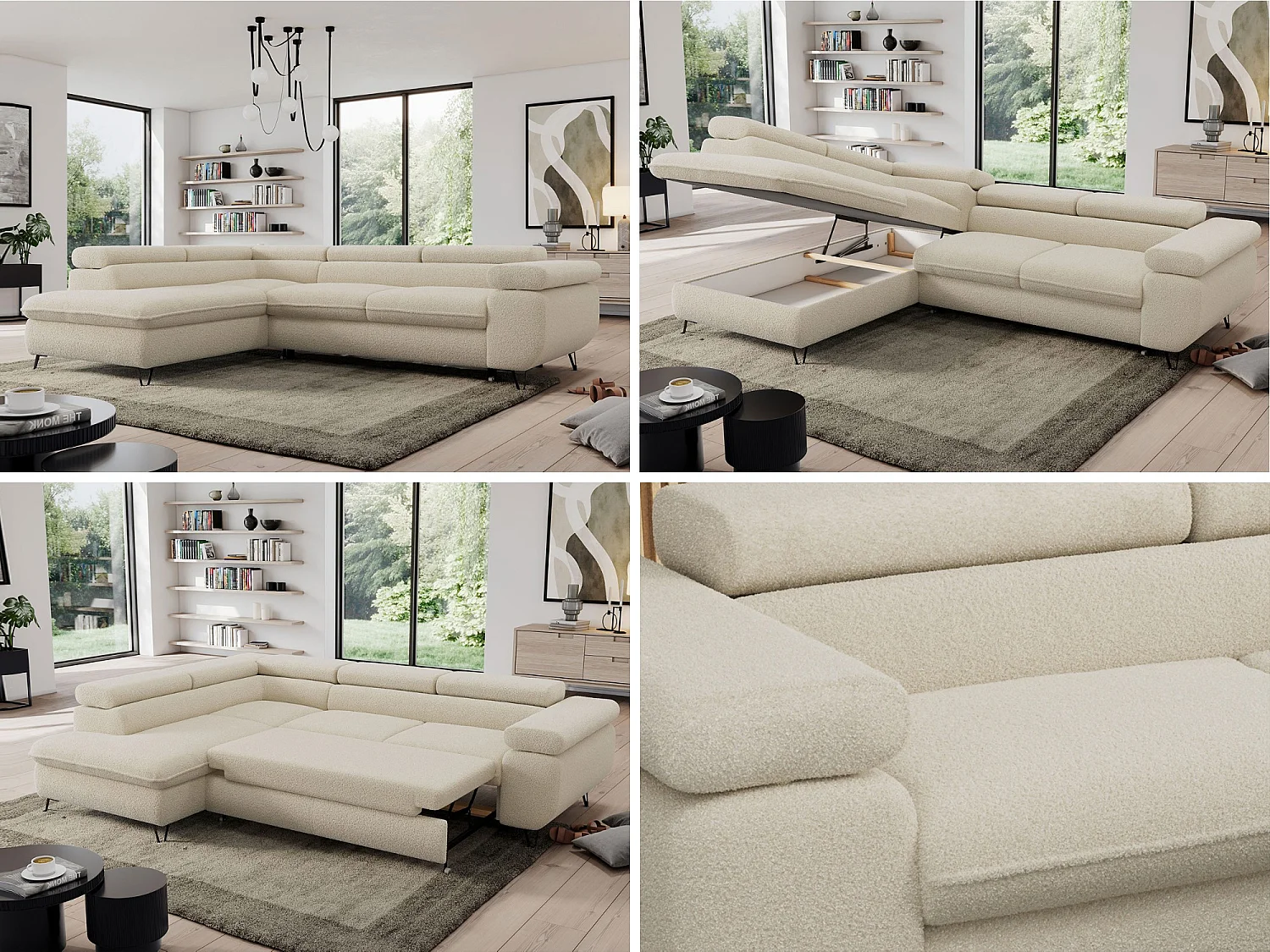 Ecksofa PEDRO - L-Form mit Schlaffunktion 200x125 cm, verstellbaren Kopfstützen - Beige Boucle - Ecke Links