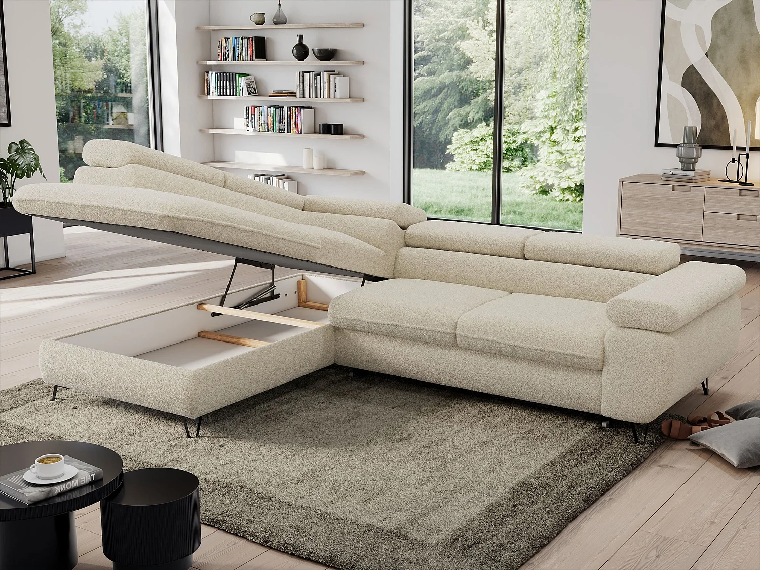 Ecksofa PEDRO - L-Form mit Schlaffunktion 200x125 cm, verstellbaren Kopfstützen - Beige Boucle - Ecke Links