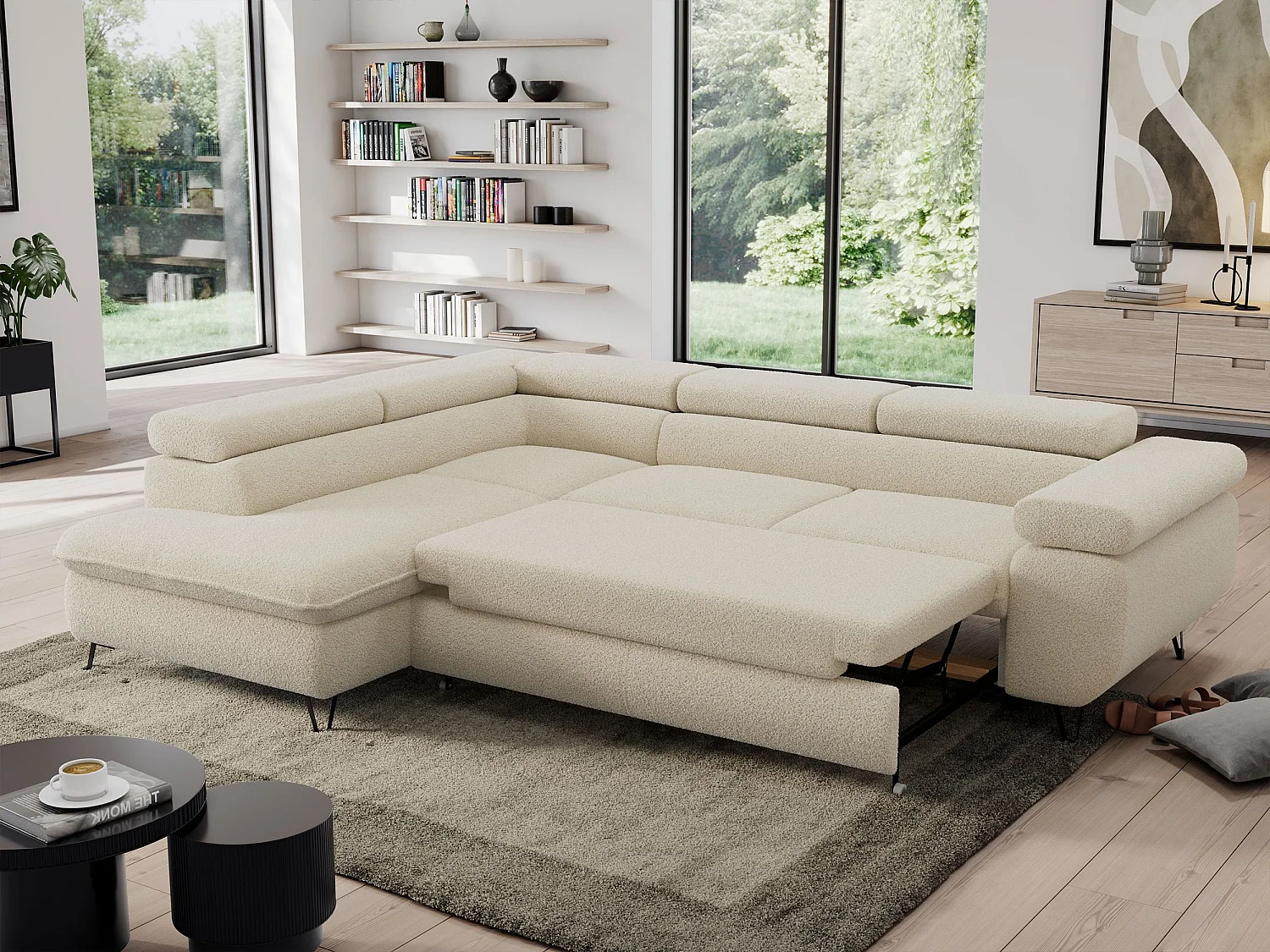 Ecksofa PEDRO - L-Form mit Schlaffunktion 200x125 cm, verstellbaren Kopfstützen - Beige Boucle - Ecke Links