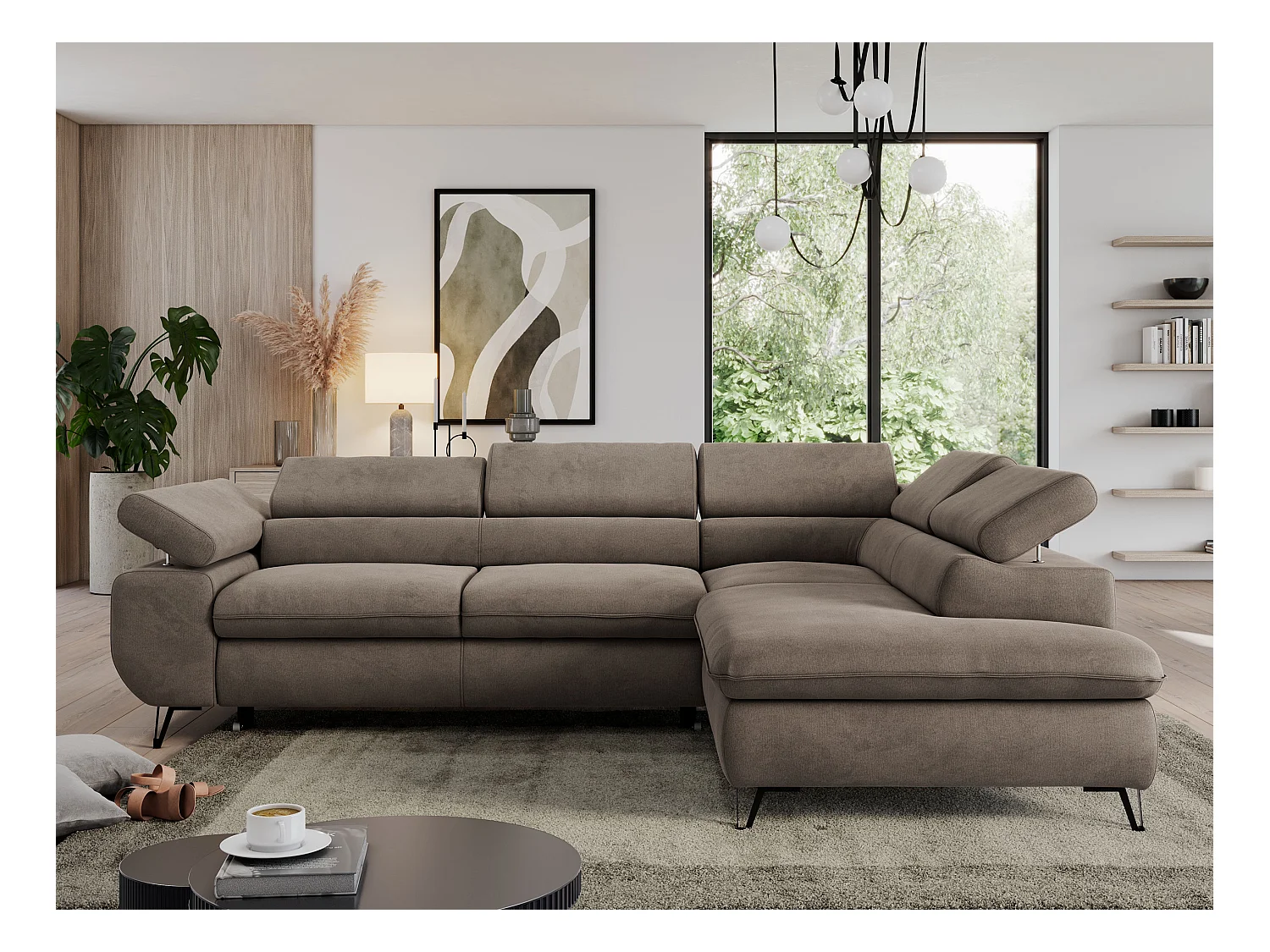Ecksofa PEDRO - L-Form mit Schlaffunktion 200x125 cm, verstellbaren Kopfstützen - Braun Velvet - Ecke Rechts