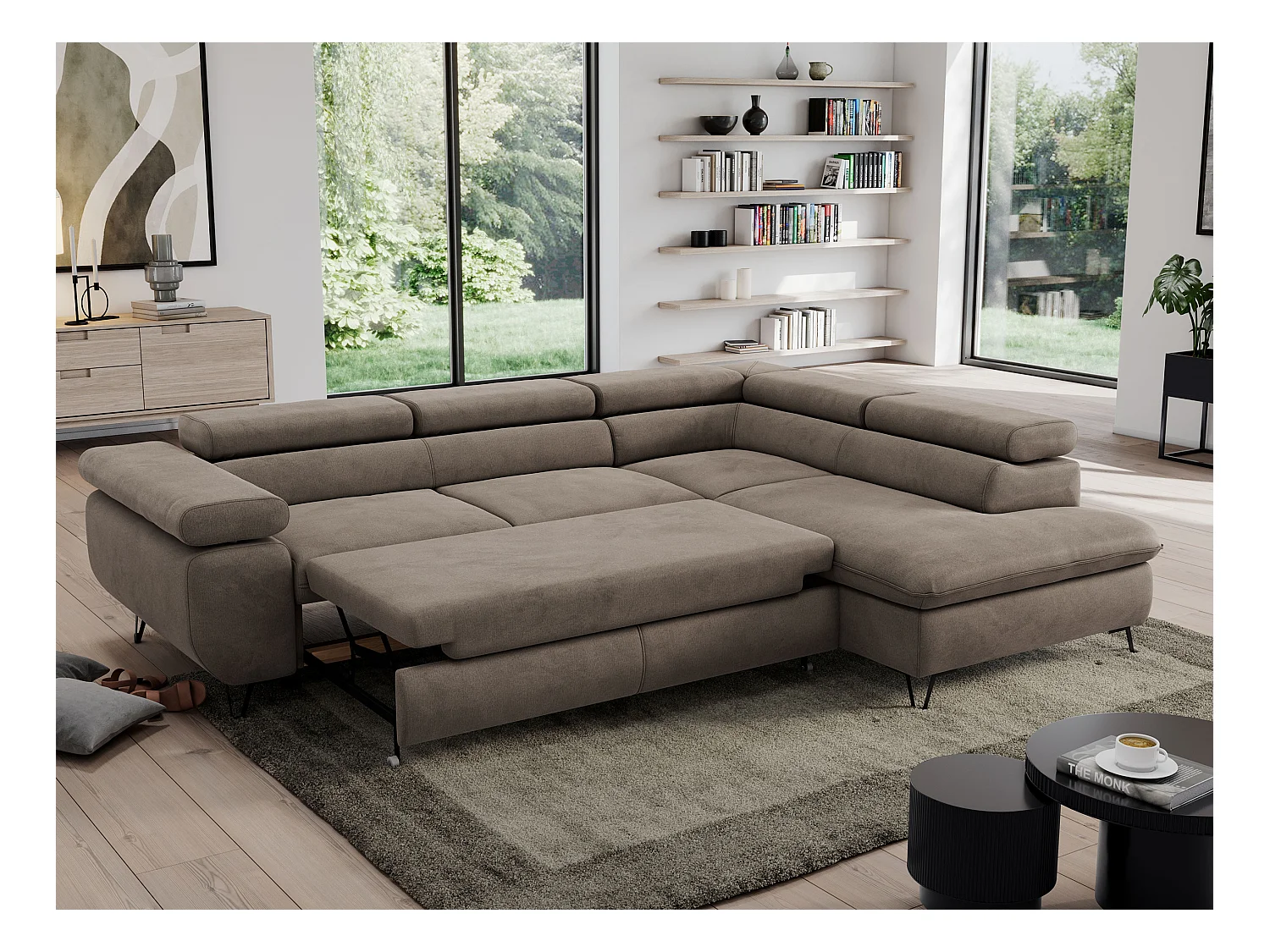 Ecksofa PEDRO - L-Form mit Schlaffunktion 200x125 cm, verstellbaren Kopfstützen - Braun Velvet - Ecke Rechts
