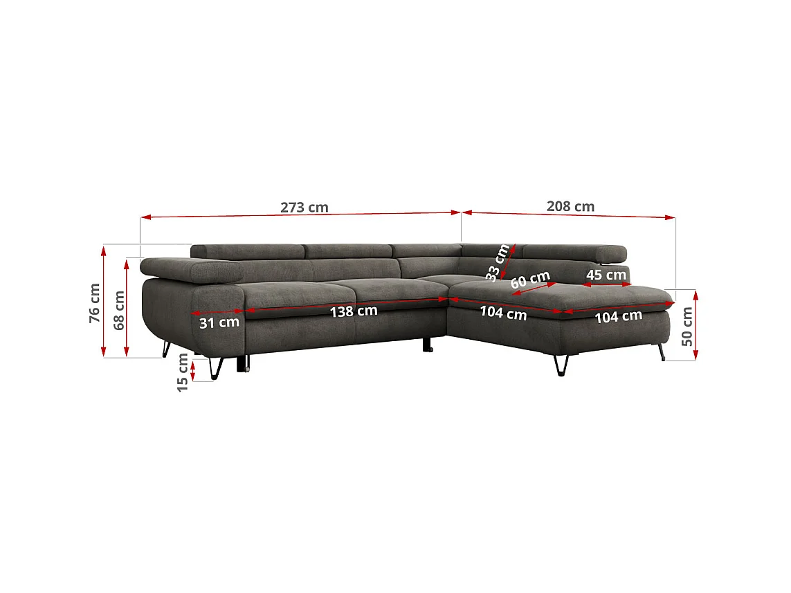 Ecksofa PEDRO - L-Form mit Schlaffunktion 200x125 cm, verstellbaren Kopfstützen - Braun Velvet - Ecke Rechts