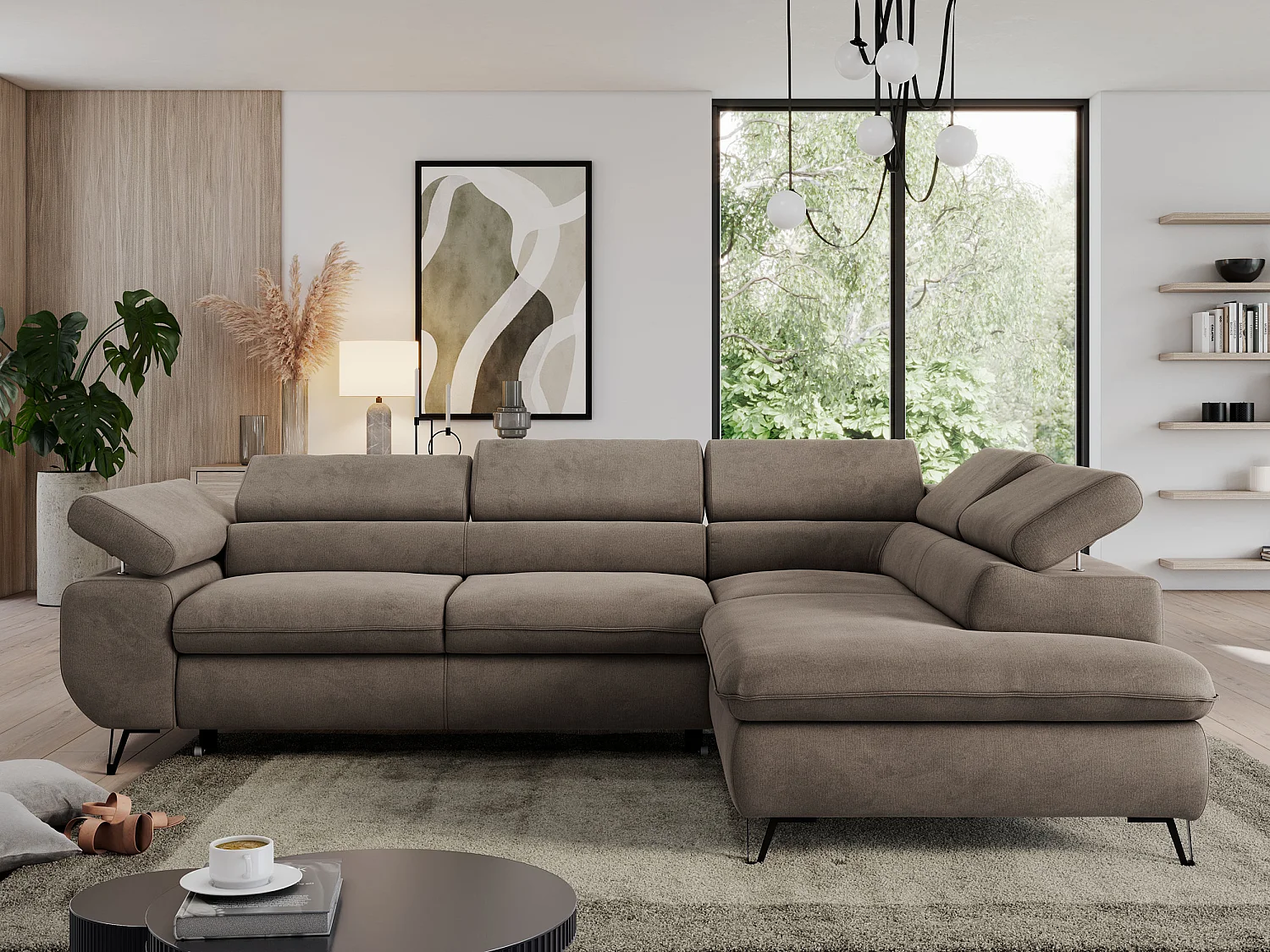 Ecksofa PEDRO - L-Form mit Schlaffunktion 200x125 cm, verstellbaren Kopfstützen - Braun Velvet - Ecke Rechts