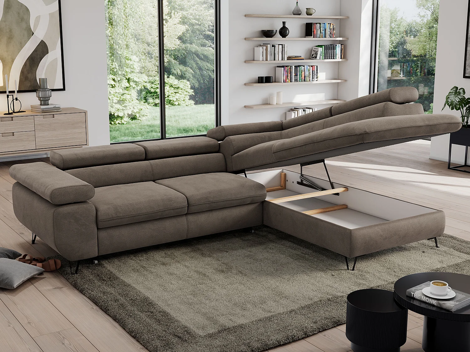 Ecksofa PEDRO - L-Form mit Schlaffunktion 200x125 cm, verstellbaren Kopfstützen - Braun Velvet - Ecke Rechts