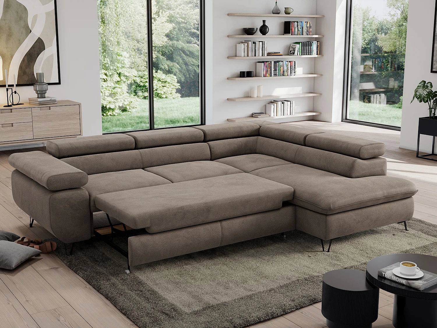 Ecksofa PEDRO - L-Form mit Schlaffunktion 200x125 cm, verstellbaren Kopfstützen - Braun Velvet - Ecke Rechts