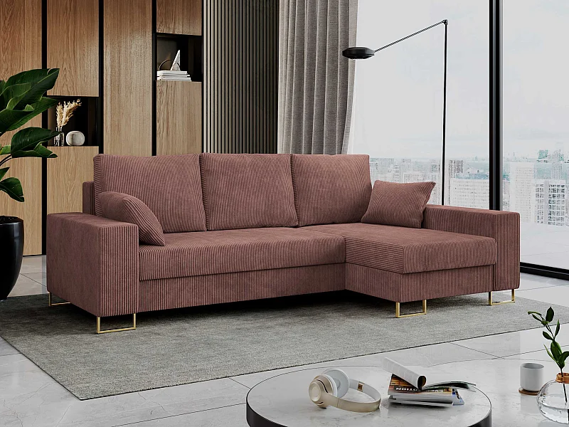 Ecksofa DORIAN - schlaffunktion und Bettkasten, lose Kissen - Braun Cord