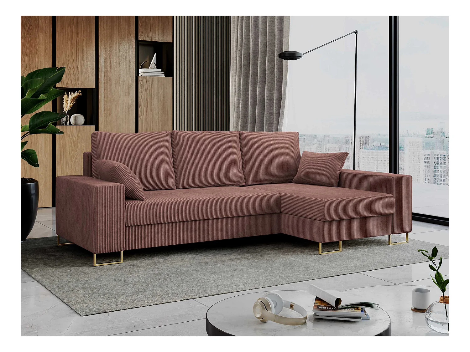 Ecksofa DORIAN - schlaffunktion und Bettkasten, lose Kissen - Braun Cord