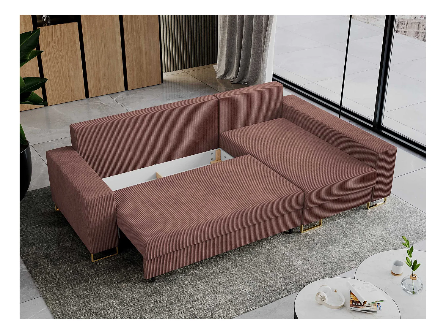 Ecksofa DORIAN - schlaffunktion und Bettkasten, lose Kissen - Braun Cord