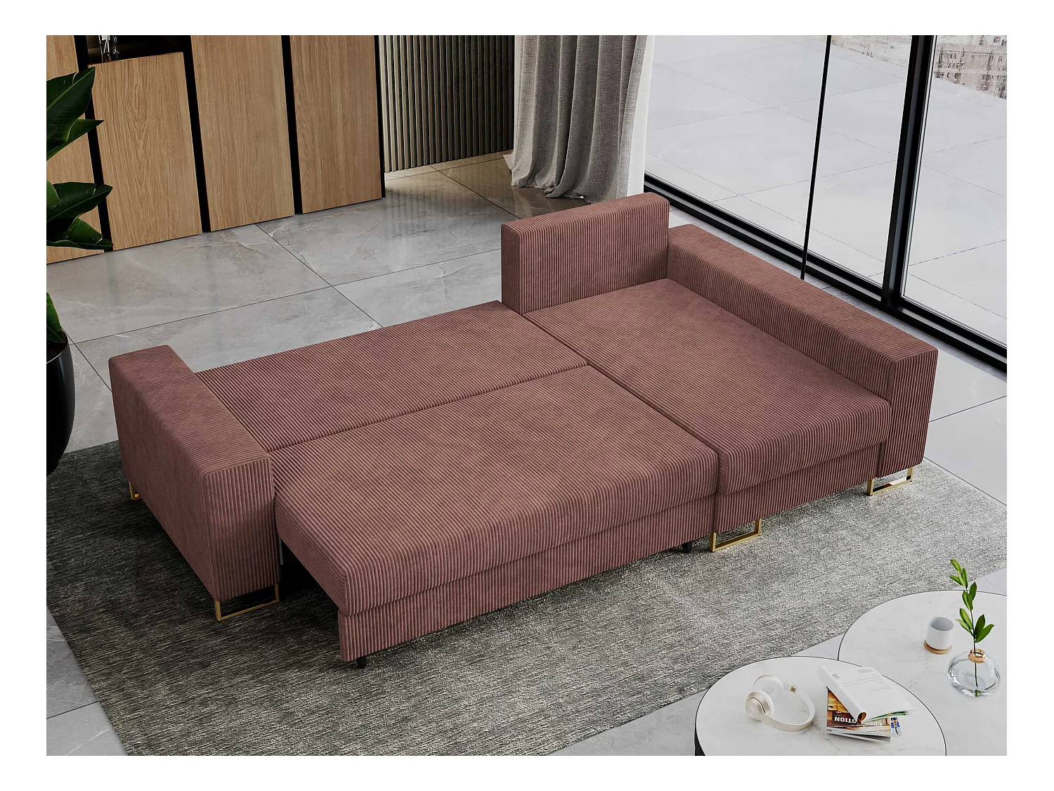 Ecksofa DORIAN - schlaffunktion und Bettkasten, lose Kissen - Braun Cord