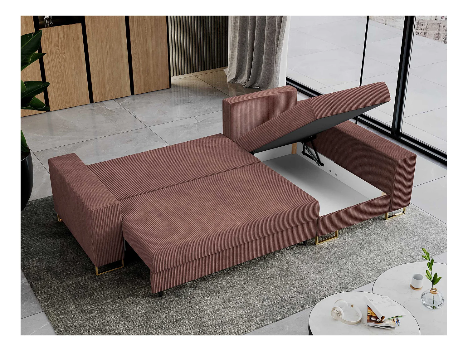 Ecksofa DORIAN - schlaffunktion und Bettkasten, lose Kissen - Braun Cord