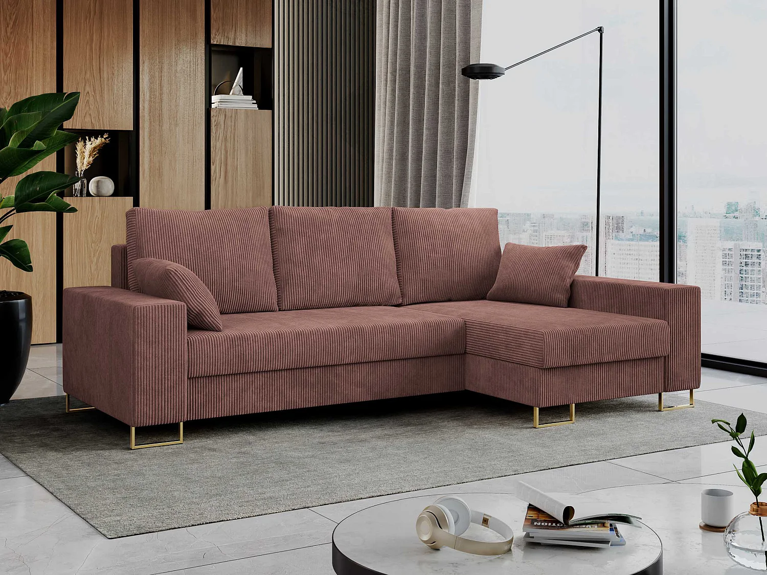 Ecksofa DORIAN - schlaffunktion und Bettkasten, lose Kissen - Braun Cord