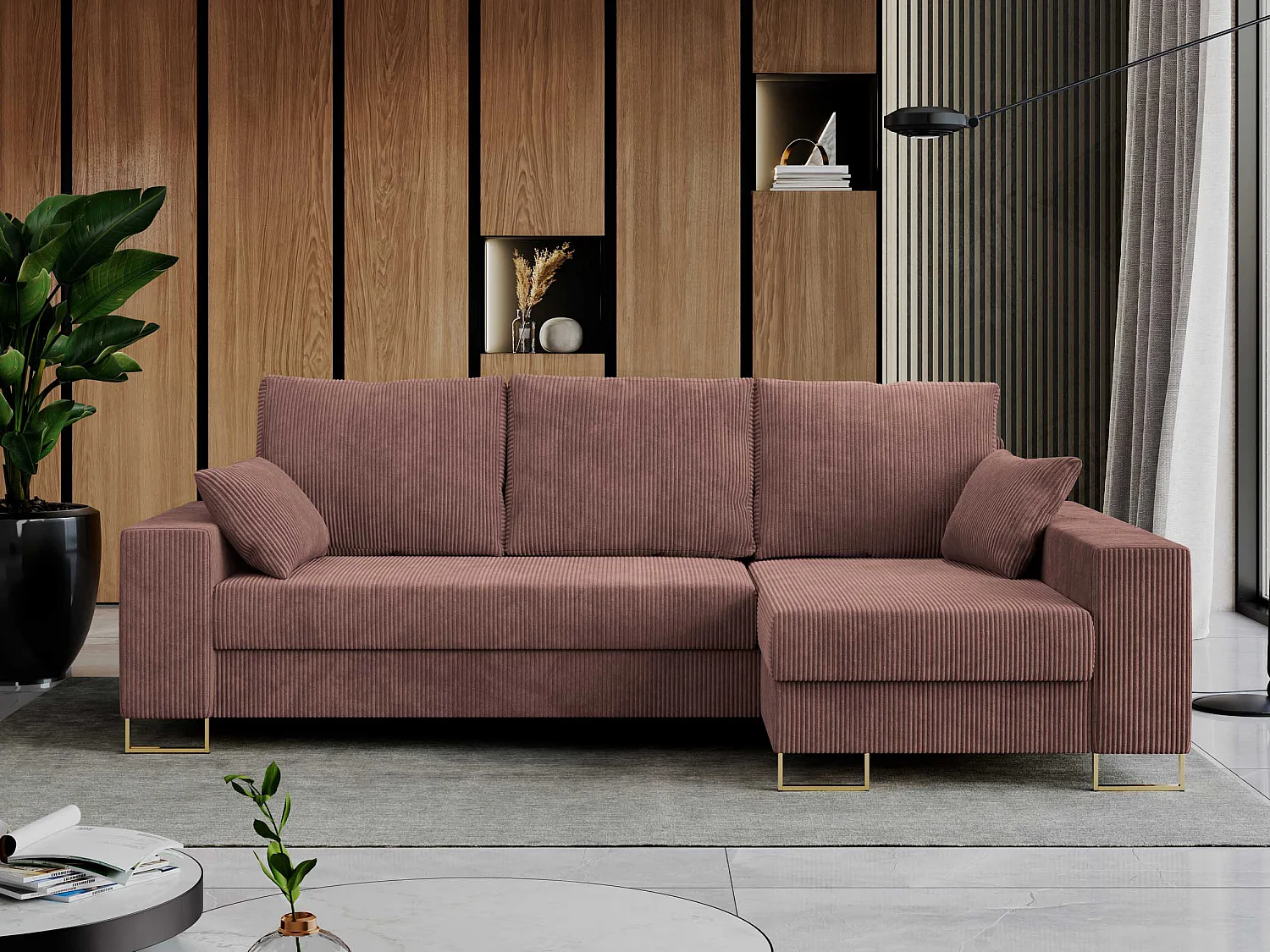 Ecksofa DORIAN - schlaffunktion und Bettkasten, lose Kissen - Braun Cord