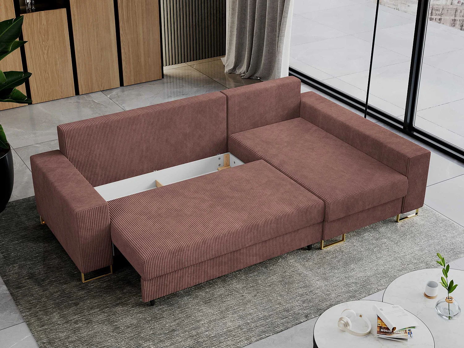 Ecksofa DORIAN - schlaffunktion und Bettkasten, lose Kissen - Braun Cord